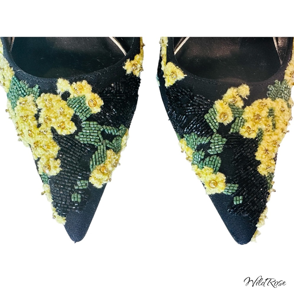 VALENTINO GARAVANI Floral Yellow Green Black Beaded & Embroidered Heels SZ 37 - Picture 6 of 17